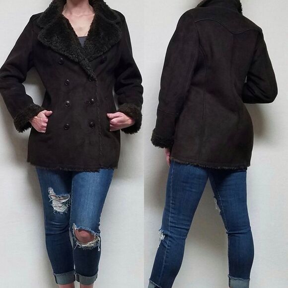 VINTAGE Retro Y2K Sonoma Brown Faux Leather Faux Fur Lined Western Jacket Small - Picture 1 of 15